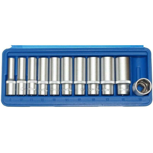 Nasadki długie 6-kątne, 3/8″, 8-19 mm, 11 szt.
