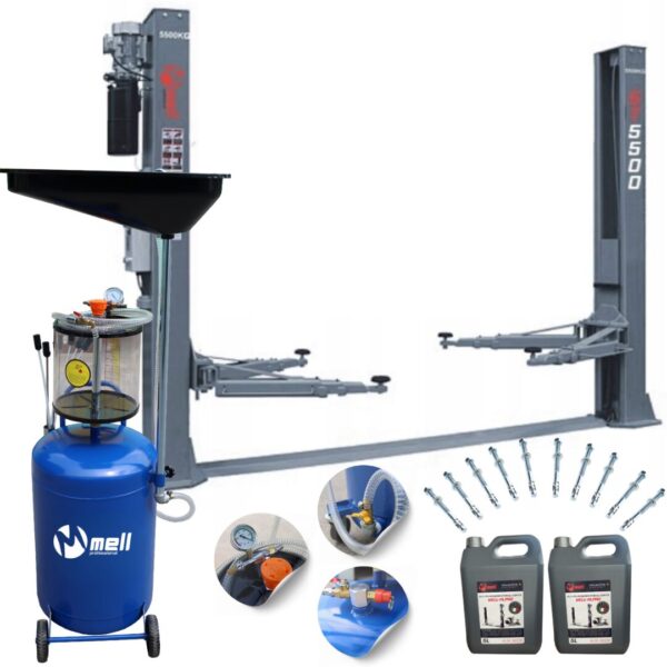 Podnośnik dwukolumnowy automat 5500KG 3X3 BUSY + Zlewarko-wysysarka 90L MELL PRO