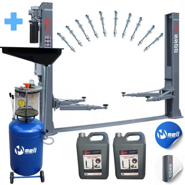 Podnośnik dwukolumnowy automat 5500KG 3X3 BUSY + Zlewarko-wysysarka 90L MELL PRO