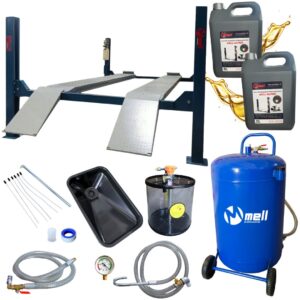 Podnośnik czterokolumnowy 5500KG 400V pod geometrię + Zlewarko-wysysarka 90L MELL PRO