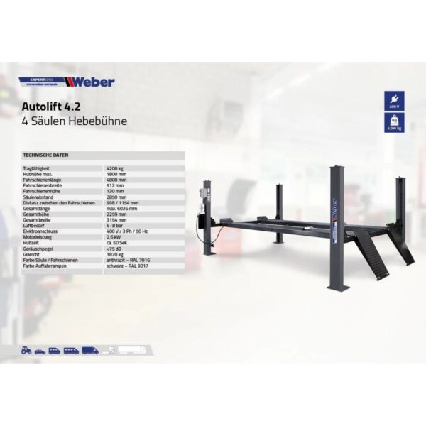 Podnośnik czterokolumnowy 4200kg długie najazdy 400V Weber