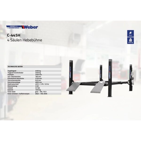 Podnośnik czterokolumnowy elektrohydrauliczny 400V 4T Weber