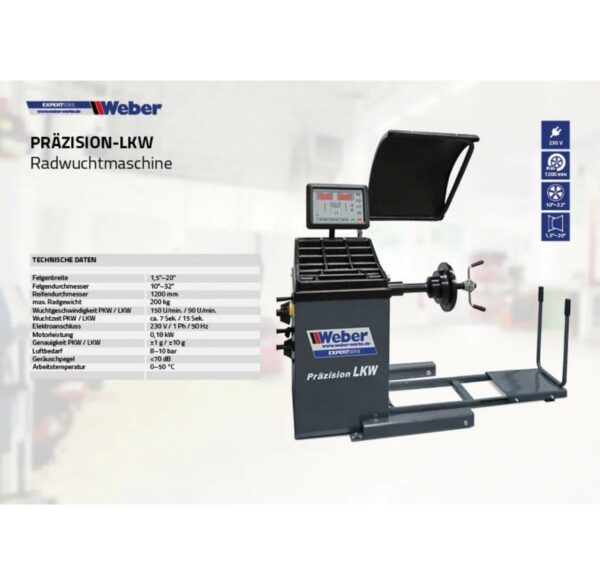 Wyważarka do kół samochodów ciężarowych i dostawczych 10″–32″ 230V Weber