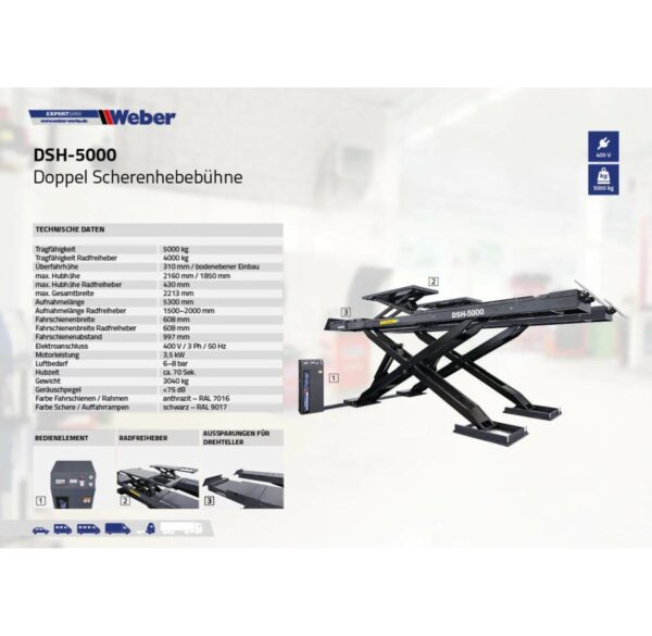 Podnośnik nożycowy 5T do geometrii kół 400V długie najazdy 5300mm Weber