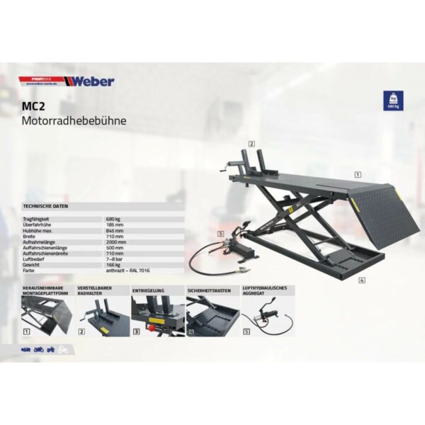 Podnośnik do motocykli 680kg – pneumatyczno-hydrauliczny Weber