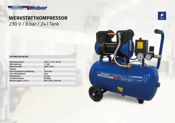 Kompresor Whisper 230 V / 8 bar / zbiornik 24 l Weber