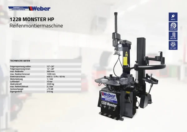 Montażownica do opon samochodowych 1228 Monster i wyważarka do kół Precision-XL 3D Weber