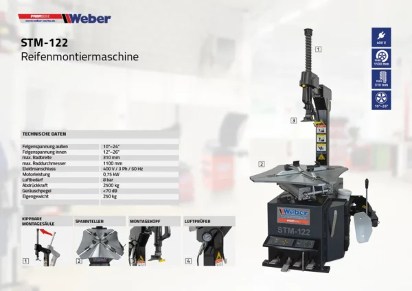 Montażownica do opon samochodowych STM-122 i wyważarka do kół STW-202 z ramieniem RunFlat Weber