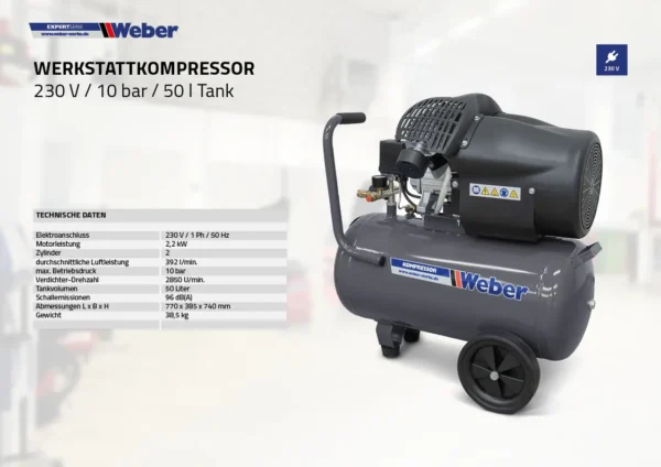 Kompresor warsztatowy 230 V / 10 bar / zbiornik 50 l Weber
