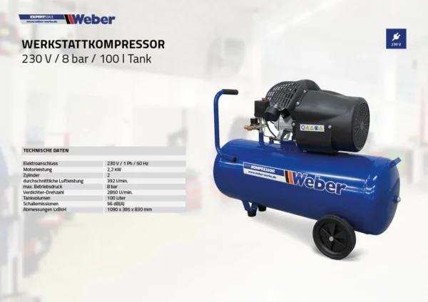 Kompresor warsztatowy 230 V / 8 bar / zbiornik 100 l Weber