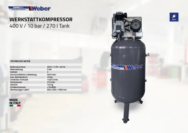 Kompresor warsztatowy 400 V / 10 bar / zbiornik 270 l Weber