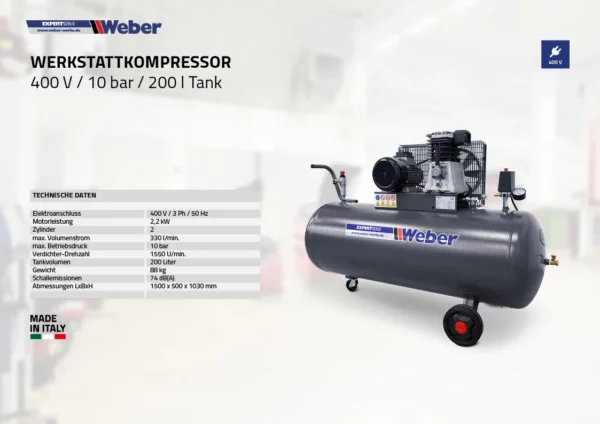 Kompresor warsztatowy 400 V / 10 bar / zbiornik 200 l Weber