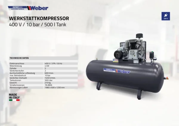 Kompresor warsztatowy 400 V / 10 bar / zbiornik 500 l Weber