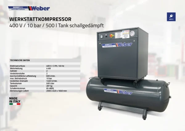 Kompresor warsztatowy wyciszony 400 V / 10 bar / zbiornik 500 l Weber
