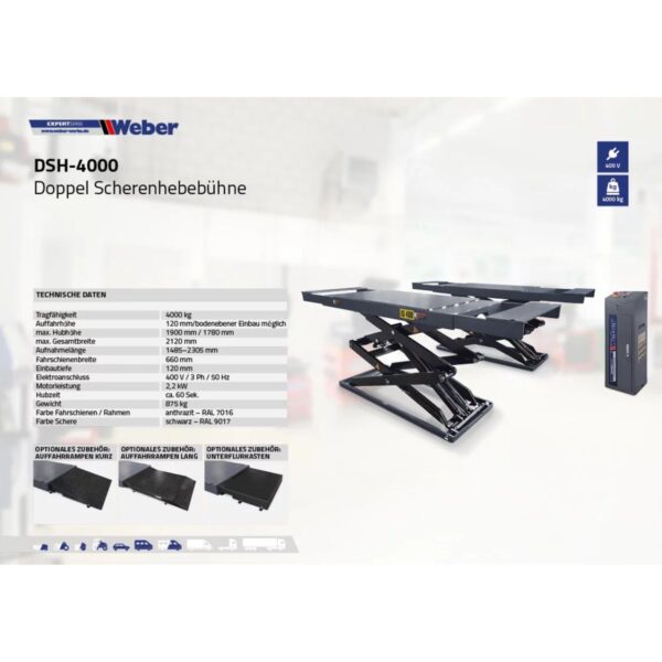 Podnośnik nożycowy podposadzkowy z długimi najazdami 4T 400V Weber