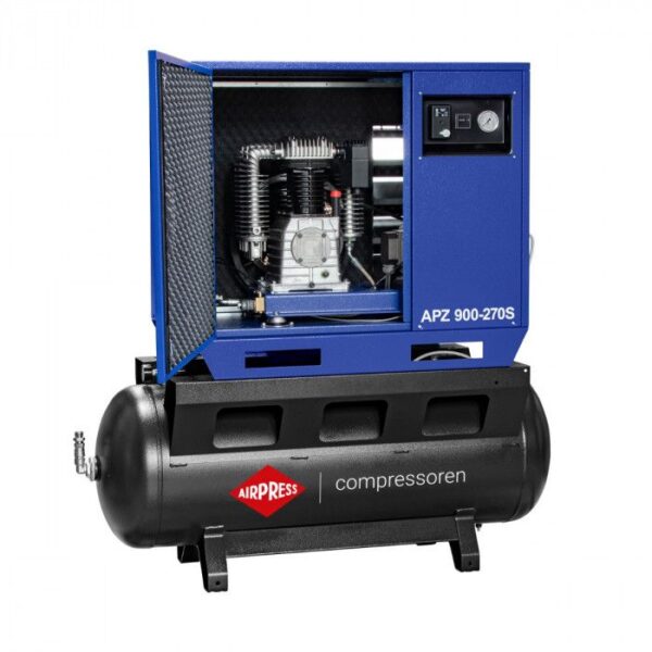 Cichy kompresor dwutłokowy APZ 900-270S 10 bar 7.5 KM/5.5 kW 611 l/min 270 l – połączenie gwiazda-trójkąt Airpress